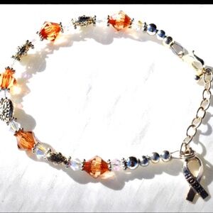 Silver detailed hearts with Clear & Orange Swarovski Faceted Crystal Bracelet
